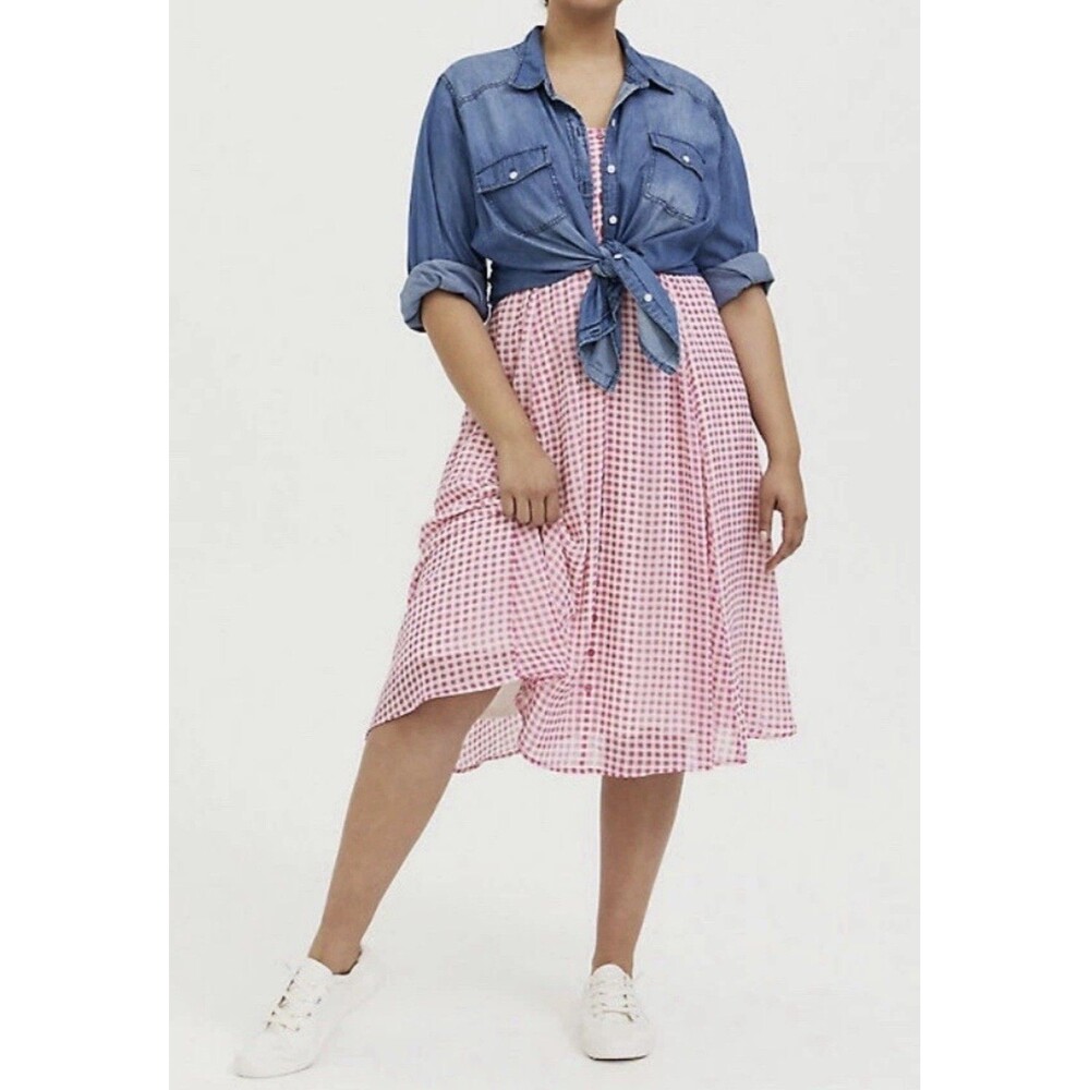 Torrid Gingham Midi Dress Womens 4x Pink Chiffon Button Detail Spaghetti Strap - Picture 3 of 12
